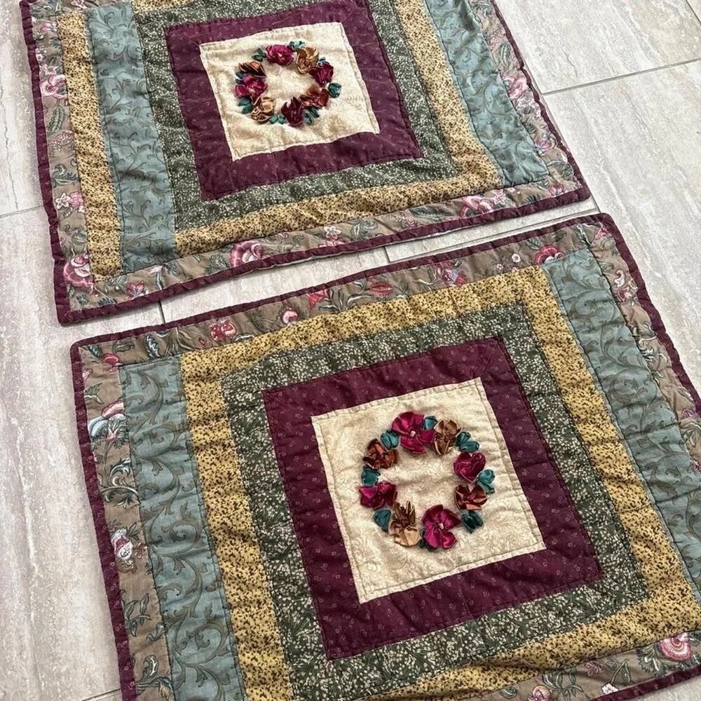 Vintage Quilted Pillow Shams Set of 2 Country Cottage Core Floral Patchwork